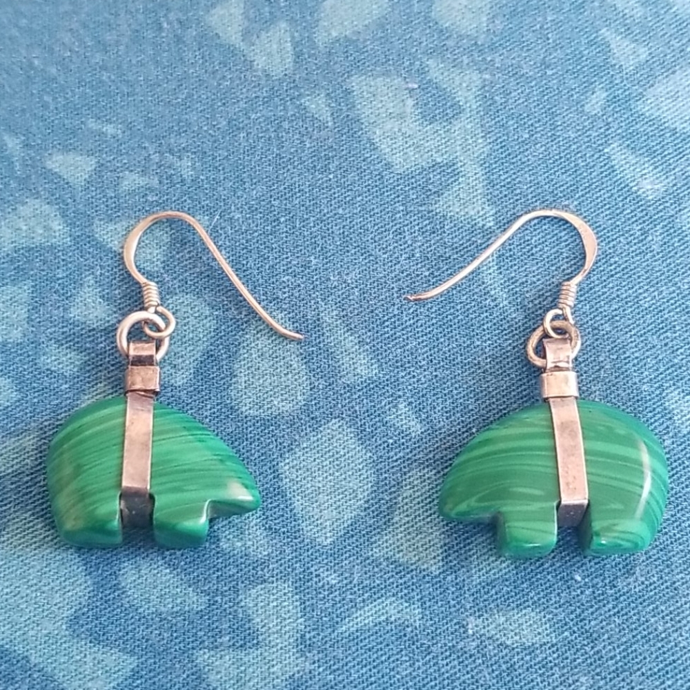 Sterling Silver Malachite Zuni Bear Earrings